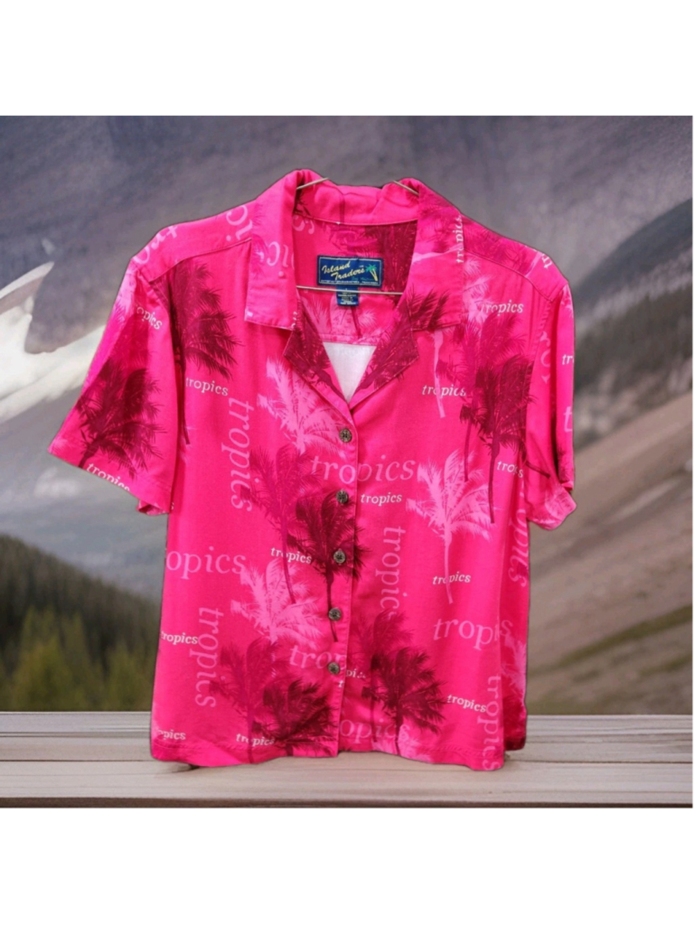 Island Traders Womens Hawaiian Shirt Blouse Large Button Down Short Sleeves
